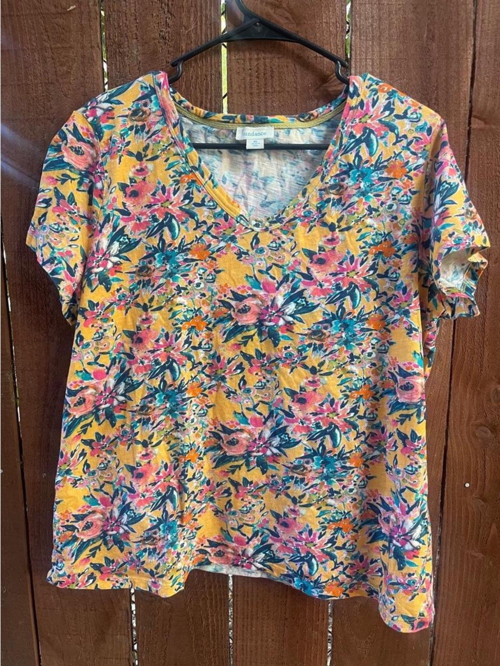 Sundance Garden Blossoms Cotton Tee Floral V-Neck Casual Top Women’s XL